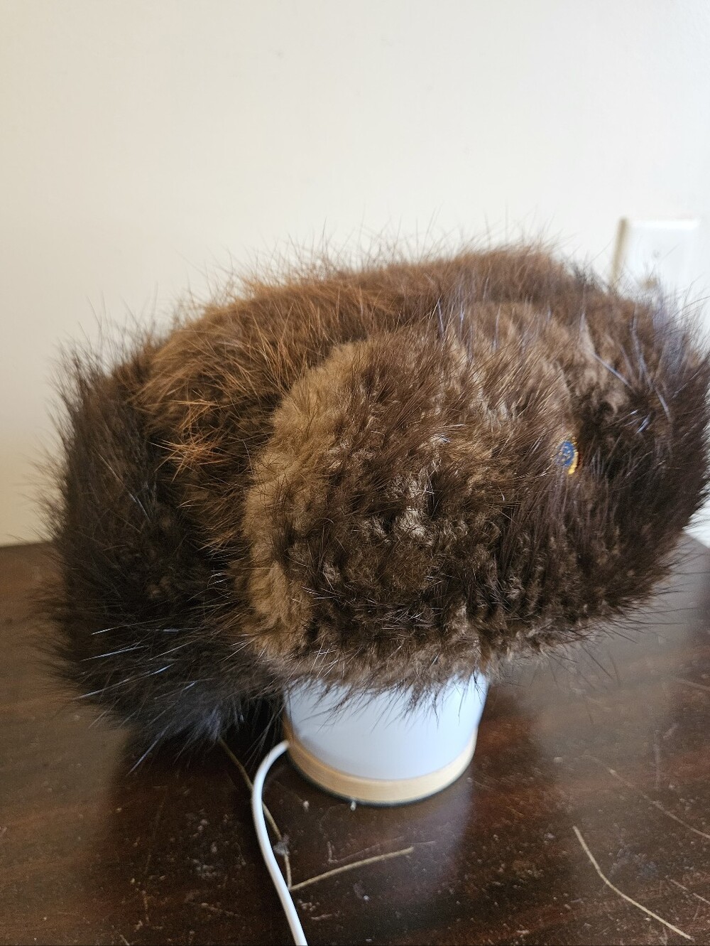 Vintage Real Fur Ushanka Hat Monogram DVC Soviet Aeroflot Aviation Badge Topper